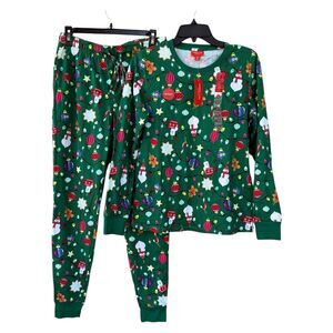 NWT Holiday Lane Women’s Cotton Pajama Set Green With Snowman Size S 2-piece